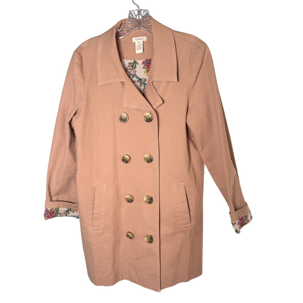 Sundance‎ Trench Coat Womens Medium Cotton Double Breasted Floral Lining